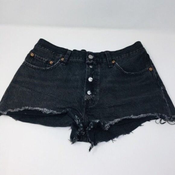 Levi’s 501 jeans vintage distressed shorts rawhem black high rise denim W29 BoxP - Picture 7 of 7